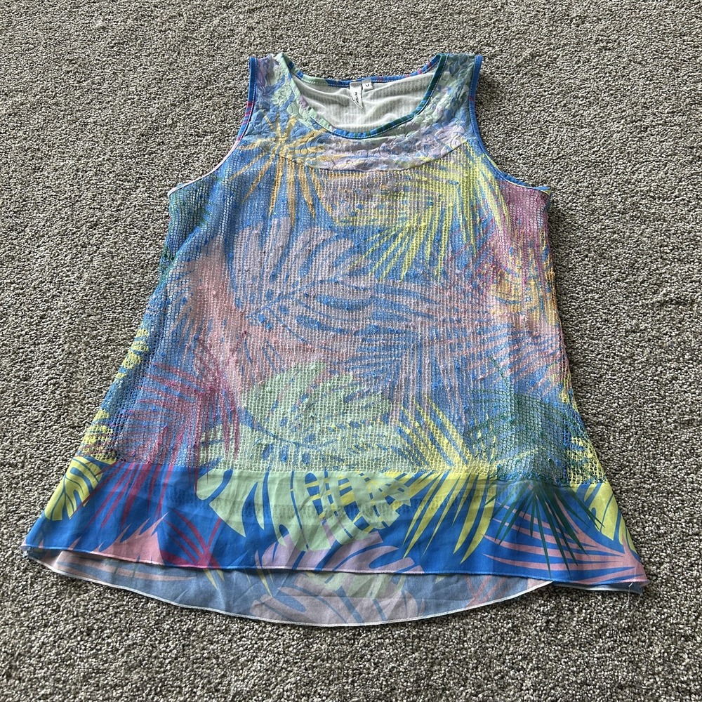 Petsche Tank Top Womens M Multicolor Tropical Mesh Sheer Sleeveless Summer